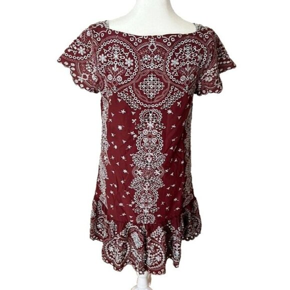 Feather Bone Anthropologie Small Brown White Eyelet Lace Embroidery Boho Dress - Picture 3 of 8